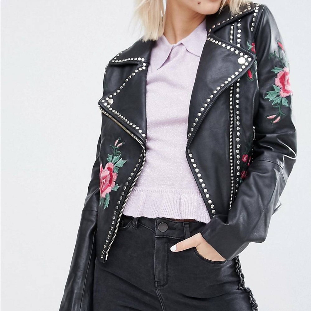 Barneys Original Embroidered Leather Biker Jacket